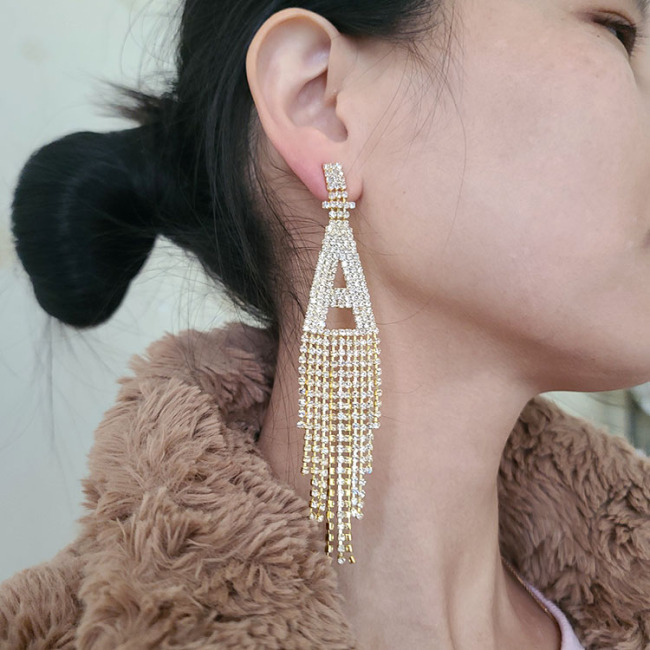 EM1307 Boho Holiday Jewelry Big Rhinestone Crystal Initial Earring, Gold Large Letter Alphabet Tassel Stud Earrings for Women