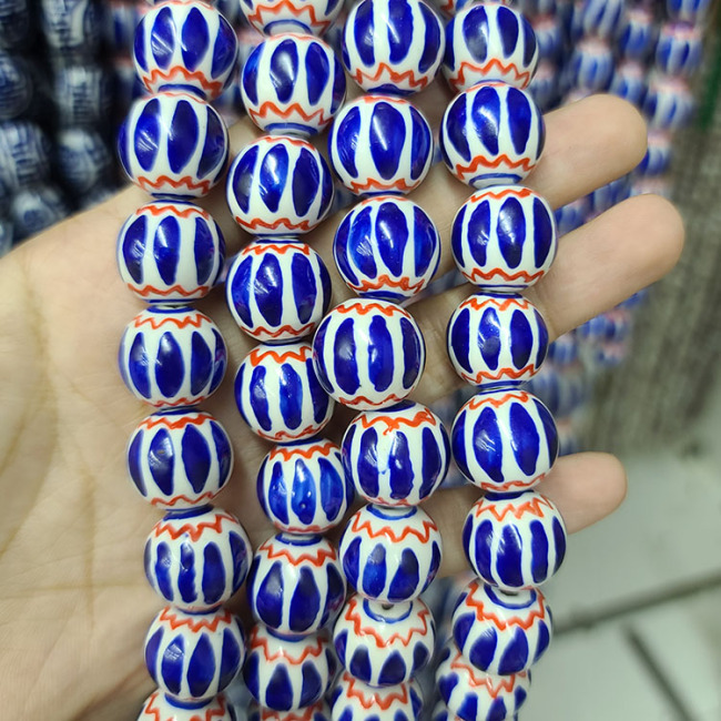 CC1891 Hand Painted Ceramic Drum Beads,Chinoiserie China Beads Vintage African Trade Blue White Porcelain Chevron Beads ,