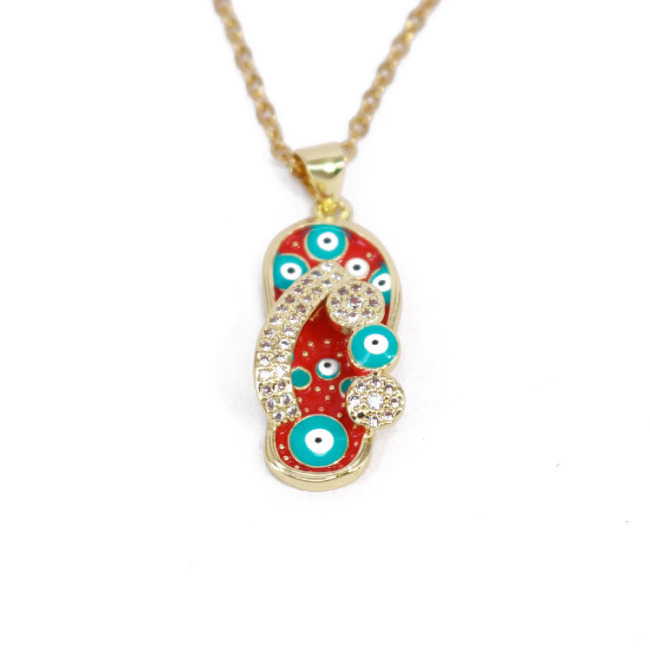 NZ1300  Fashion Small Cute 18k Gold Enamel Evil Eyes Flip Flop Slipper Pendant Stainless Steel Chain Necklace for Women