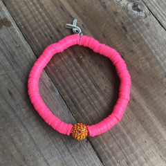 BR0502 Custom Polymer Clay Heishi Disc Beaded Bracelet with charm Stone Beads Beaded Breast Cancer Awareness Bracelet