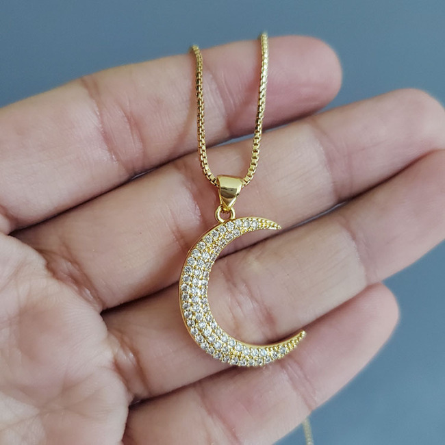 NZ1179 New Gold plated Diamond Jewelry Chic Cubic Zirconia CZ Micro Pave Crescent Moon Pendant Chain Necklace