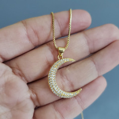 NZ1179 New Gold plated Diamond Jewelry Chic Cubic Zirconia CZ Micro Pave Crescent Moon Pendant Chain Necklace