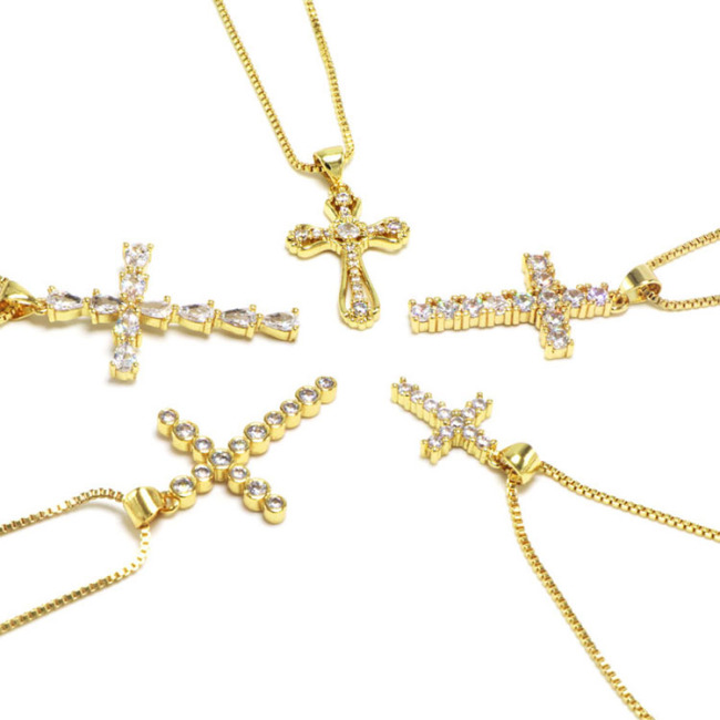 NZ1177 Chic Diamond the Christian Religious Jewelry Cubic Zirconia CZ Micro Pave Cross Pendant Chain Necklace