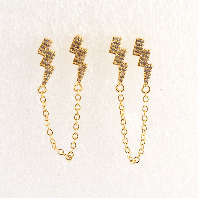 EC1655 Gold CZ Heart Star Butterfly Lightning Bolt with Chain Stud Earring,double piercing threader earrings, Chain Double Studs