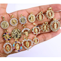 Gold Plated Silver Plated CZ Saint Virgin Guadalupe Mary Latin Oval Charm Pendant, Diamond Medal Medallion Charm