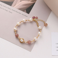 Natural Rutilated Strawberry Quartz Freshwater Pearl Slide Chain Bracelet with CZ Paved Cherry Charm for Valentine's Day Gift