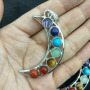 JF7263 7 Chakra Crystal Gemstone Crescent Moon Pendant, Reiki Healing Crystal Yoga Pendants