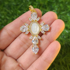 Fashion 18k Gold Plated CZ MOP White Shell Blessed Mother Virgin Mary Saint Halo Cross Pendants Religious Jewelry Supplies