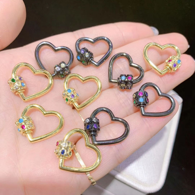 CZ7927 Rainbow CZ Micro Pave Heart Screw Clasp, Gold Plated Heart Shape Carabiner Clasp Buckle Lock