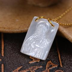 JF7294 Engraved White Mother of Pearl Shell Jesus Virgin Mary Rectangle Oblong Charm Pendants