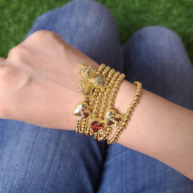 BC1380 Fashion dainty chic 4mm tiny 18k gold ball beaded elastic bracelet with love mama heart charm for Ladies