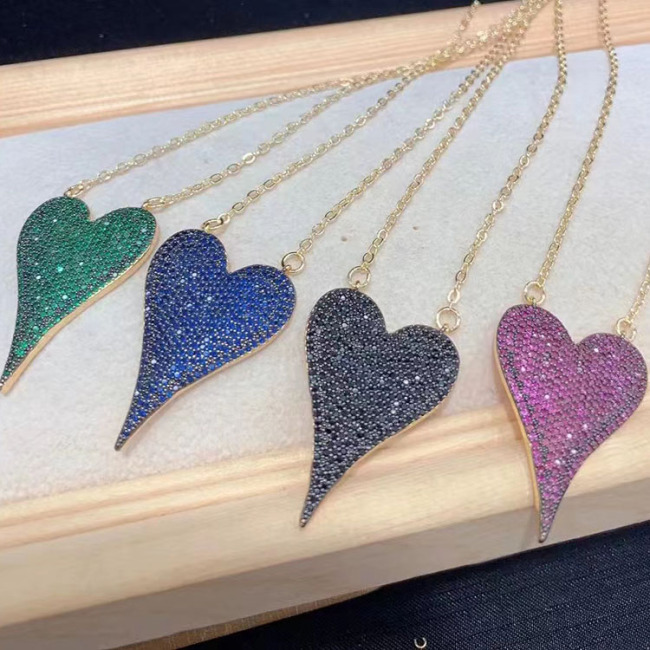 NZ1330 Fashion New 18k Gold Plated Fuchsia Green Blue Black CZ Pave Love Elongated Heart Pendant Chain Necklaces for Women 2022