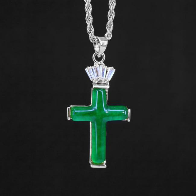 NN1136 Stainless Steel Chain Round Disc Natural Jade Cross Necklace Chinese Style Lucky Jewelry Jade Necklace