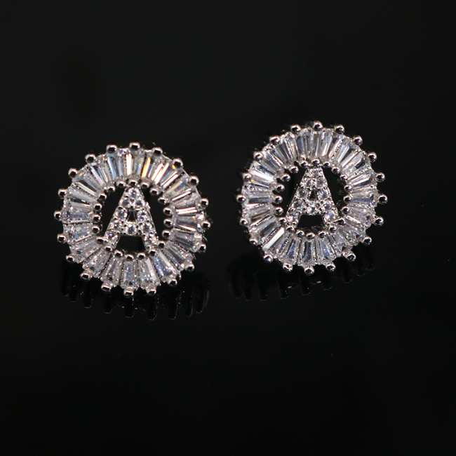 EC1138S Silver Plated Cubic Zirconia Zircon Micro Pave Alphabet Initial Letter Disc Stud Earring