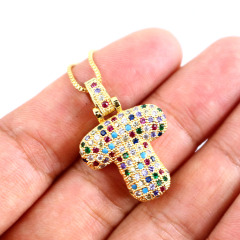 NZ1102 Gold Plated Iced Out Rainbow Diamond CZ Micro Pave Bubble Alphabet Letter Initial Pendant Chain Necklace