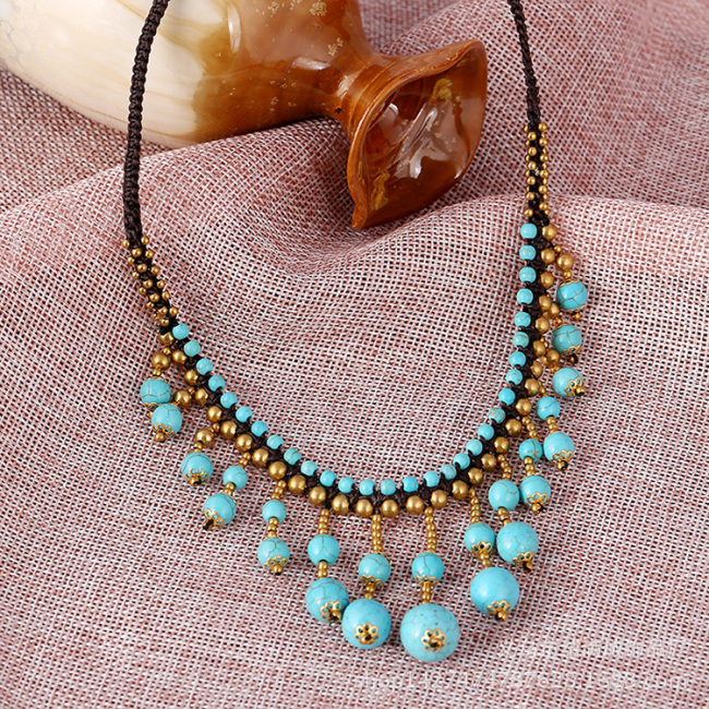 NN1134 Fashion Bohemian Bolo Turquoise Beads and Antique Bronze Round Beaded Drop Charms Collar Bib statement Macrame necklace