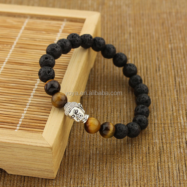 BRU0728 lava and tigereye beaded lucky silver buddha head bracelet for boyfriend gift
