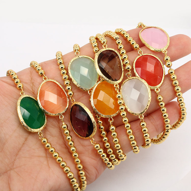 BN4017  Chic Women's Faceted Cat's Eye Gemstone Gold Bezel Wrapped Charm Bracelet with Small 4mm Gold Beads Adjustable Chain
