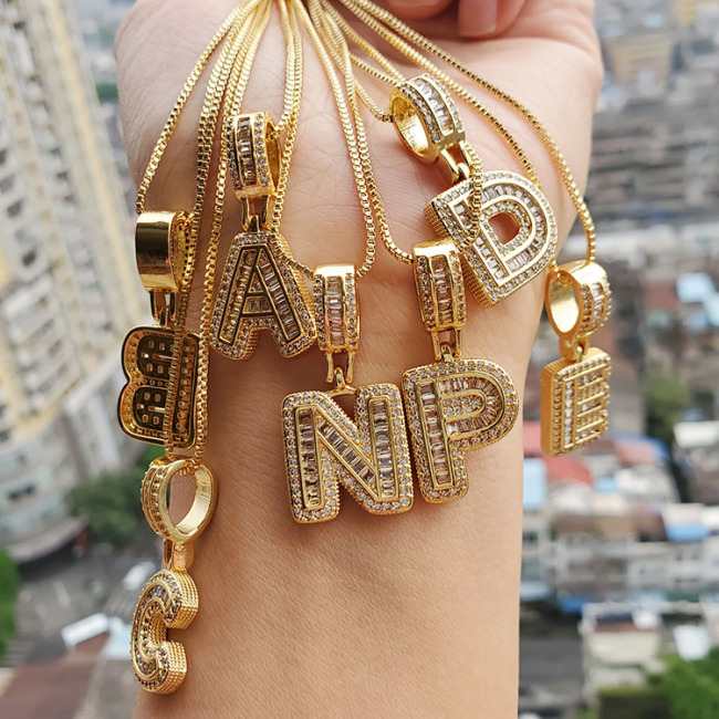 Bling Crystal Iced Out Gold Plated Baguette Alphabet Letter Charm Pendant Necklaces Initial Charm Chain Necklace for Women