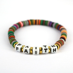 BP1009 Colorful Rainbow Polymer Disc Heishi Beaded Words Letters Inspirational Stack Bracelet