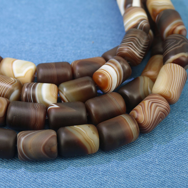 AB0855 Jewelry Mala Focal Beads Matte Natural Brown Coffee Banded Striped Agate Column Cylinder Barrel Beads