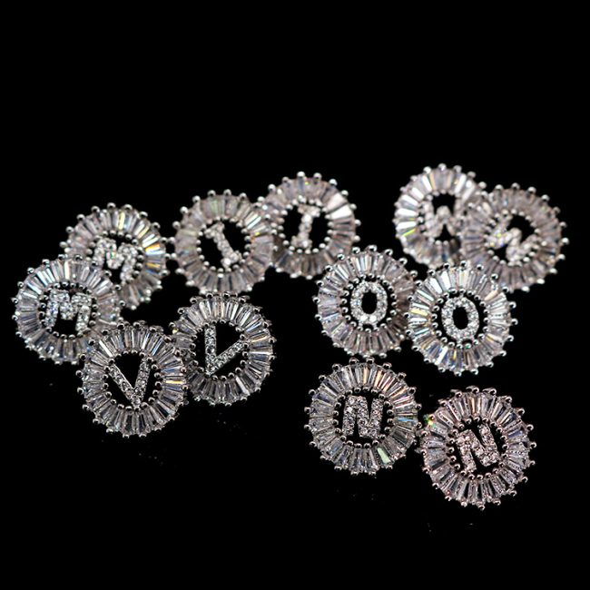 EC1138S Silver Plated Cubic Zirconia Zircon Micro Pave Alphabet Initial Letter Disc Stud Earring