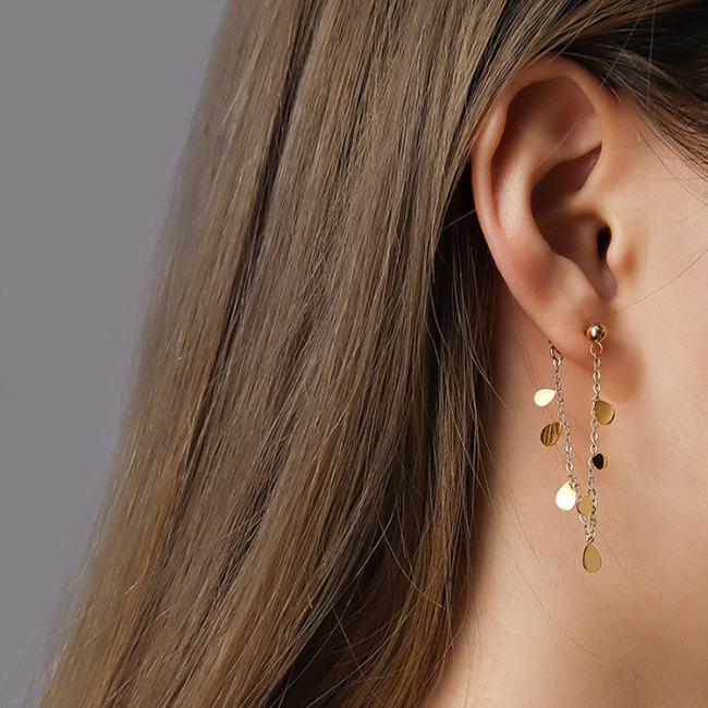 ES1106 Waterproof Gold Plated Stainless Steel Teardrop Leaf Drop Dangle Charms link Chain Huggies Earrings for Women