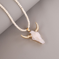 NE2355 Fashion handmade long natural stone beaded necklace with bull pendant charm