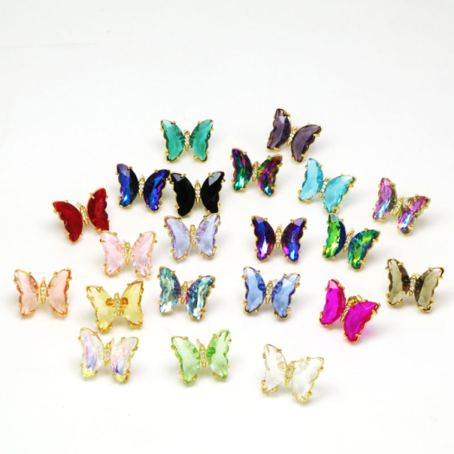 EC1809 Pretty Small Womens 18k Gold Plated Butterfly CZ Micro Pave Simulated Crystal Butterfly Stud Earrings for Women Girls