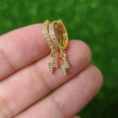 EC1614 Dainty Mini Gold Plated CZ micro pave leaf lightning lip  Initial Dangle Hoop Huggies Earrings