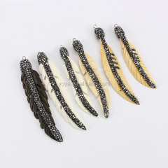 JF6904 crystal pave Carved Bone Feather Pendant