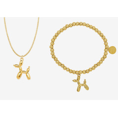 S11096 Non Tarnish 18k Gold Plated Surgical Titanium Stainless Steel Balloon Puppy Dog Necklace and Bracelet Jewelry Set
