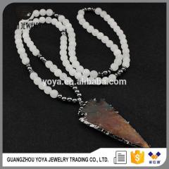 NE2424 Bolo matte jade & hematite long stone beaded necklace with gunmetal plated jasper arrowhead pendant tassel necklace