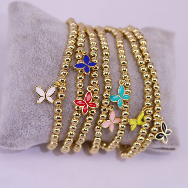 BM1040 Fashion Fine Minimalist Tiny Gold Beaded Rainbow Enamel Butterfly Charm Bracelet for women girls