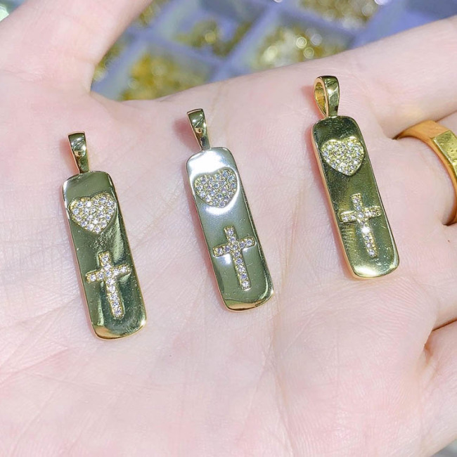 CZ8208 18k GOld Plated Diamond CZ Pave Star Rectangle Medal Pendants with Love Luck Words Heart Cross Lightning Pattern
