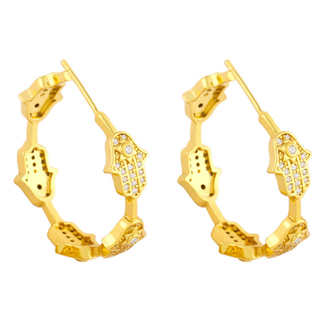 EC1738 2021 Womans Fashion 18K Gold Plated Clear CZ Micro Pave Cross Hamsa Hand Evil Eyes Charm Hoops Earrings