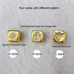 CZ8097 Popular Big Hole Gold Plated Diamond CZ Micro paved Dice Cube BOX Jewelry Beads with Bee Star Cross Skull Pattern