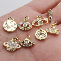 CZ8292 wholesale tiny CZ brass charm evil eyes & crown, jewelry findings copper circle pendant for women's necklace