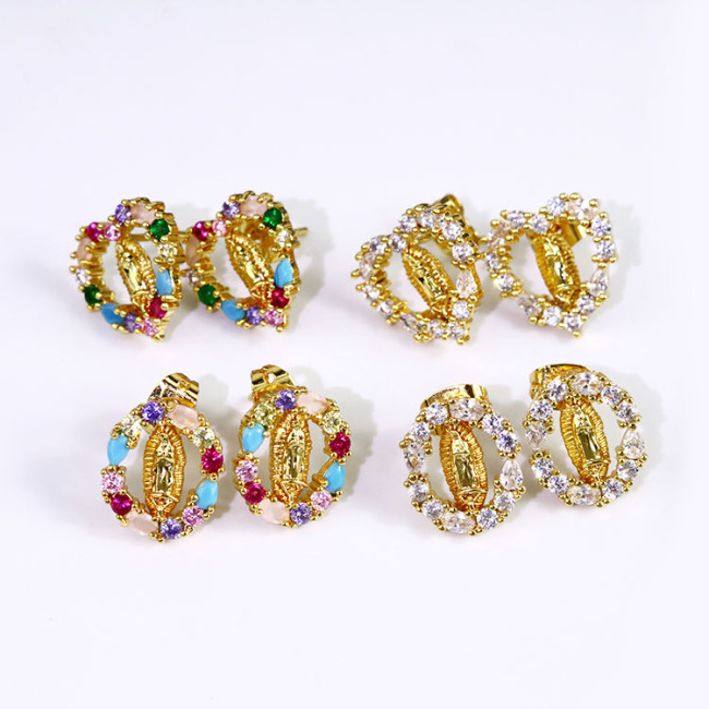 EC1597 Sparkly Bling Crystal Mary Jewelry Earring Collection Zircon CZ Diamond Pave Blessed Mother Mary Studs Earrings