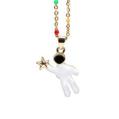 NM1242 Fashion Black White Enamel Space astronauts Pendant Rainbow Enamel Gold Plated Stainless Steel Chain Necklace