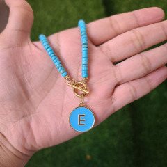 NN1139 Fashion Natural Turquoise Stone Heishi Beaded Toggle Clasp Enamel Letter Initial Choker Necklace