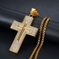 NS1146 fashion hiphop charm stainless steel pendant necklace, high quality 18K gold plated  box chain with CZ cross men necklace