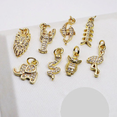 CZ8500 Tiny 18k Gold CZ Paved Lock Owl Lion Animal Charms,LIttle Mini CZ Zircon Fish Bone Dangle Charms for DIY Jewelry Making
