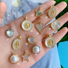 CZ8522 18K Gold CZ Pave Mother of pearl Shell Star Heart Evil Eyes medal Virgin Mary Virgin of Guadalupe pendant,