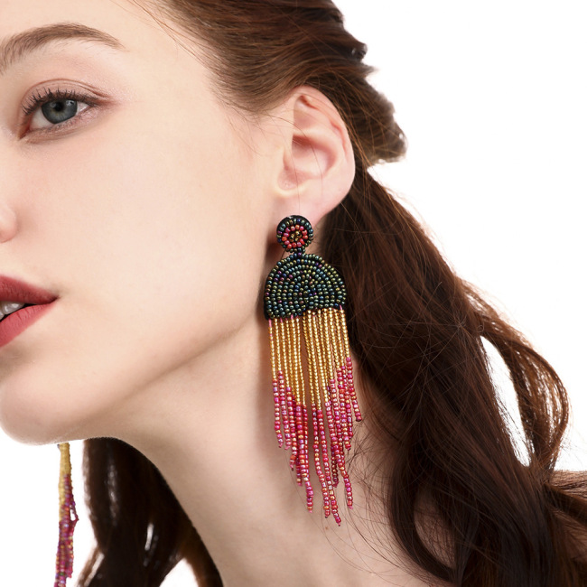 EG1022 High Quality Handmade Chic Large Bohemia Long Tiny Miyuki Seed Beaded Statement Tassel Fringe Earrings for Women