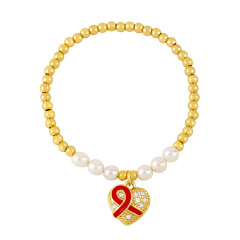 BC1369 Tiny gold beads and Pearl Beaded Bracelet with CZ Pave Enamel Pink ribbon cancer charm ,breast cancer awareness bracelet
