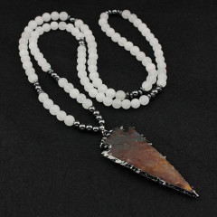 NE2424 Bolo matte jade & hematite long stone beaded necklace with gunmetal plated jasper arrowhead pendant tassel necklace