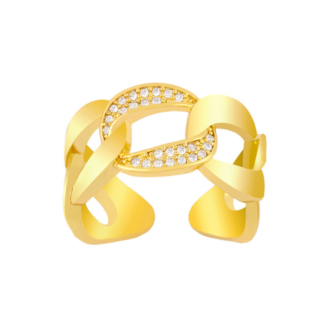 RM1183 New Dainty Gold Plated Diamond CZ Micro Pave Toggle Curb Cuban Chain Zipper Oval Double Stack Cocktail Rings