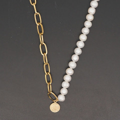 Chic Gold Plated Stainless Steel Paperclip Chain Pearl Coin Statement Pendant Layering Necklace Jewelry,Cross Pendant Necklace