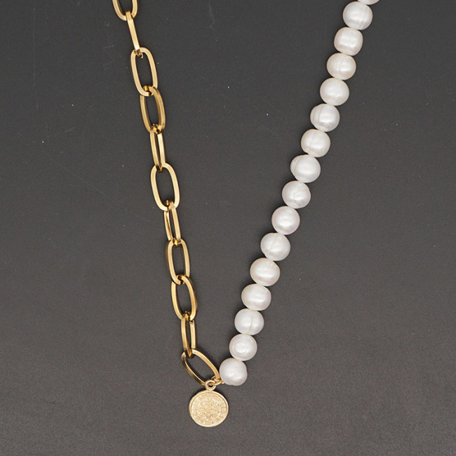 Chic Gold Plated Stainless Steel Paperclip Chain Pearl Coin Statement Pendant Layering Necklace Jewelry,Cross Pendant Necklace